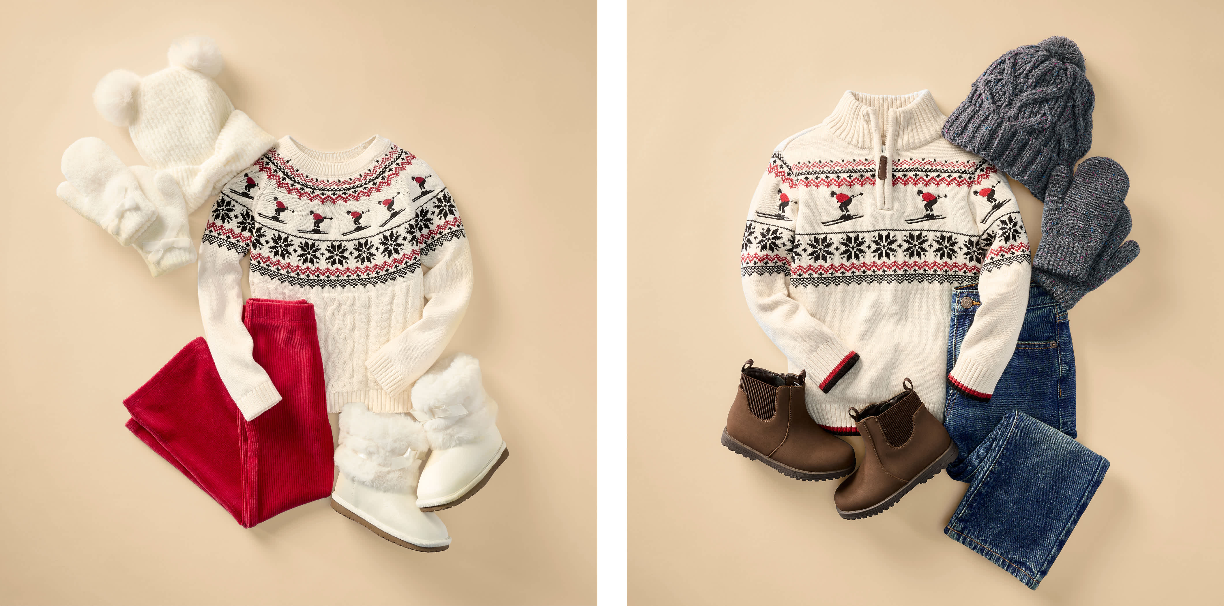 Deux ensembles de vêtements d'hiver pour enfants, comprenant des pulls, des pantalons, des bonnets et des bottes, sont disposés sur un fond beige uni.