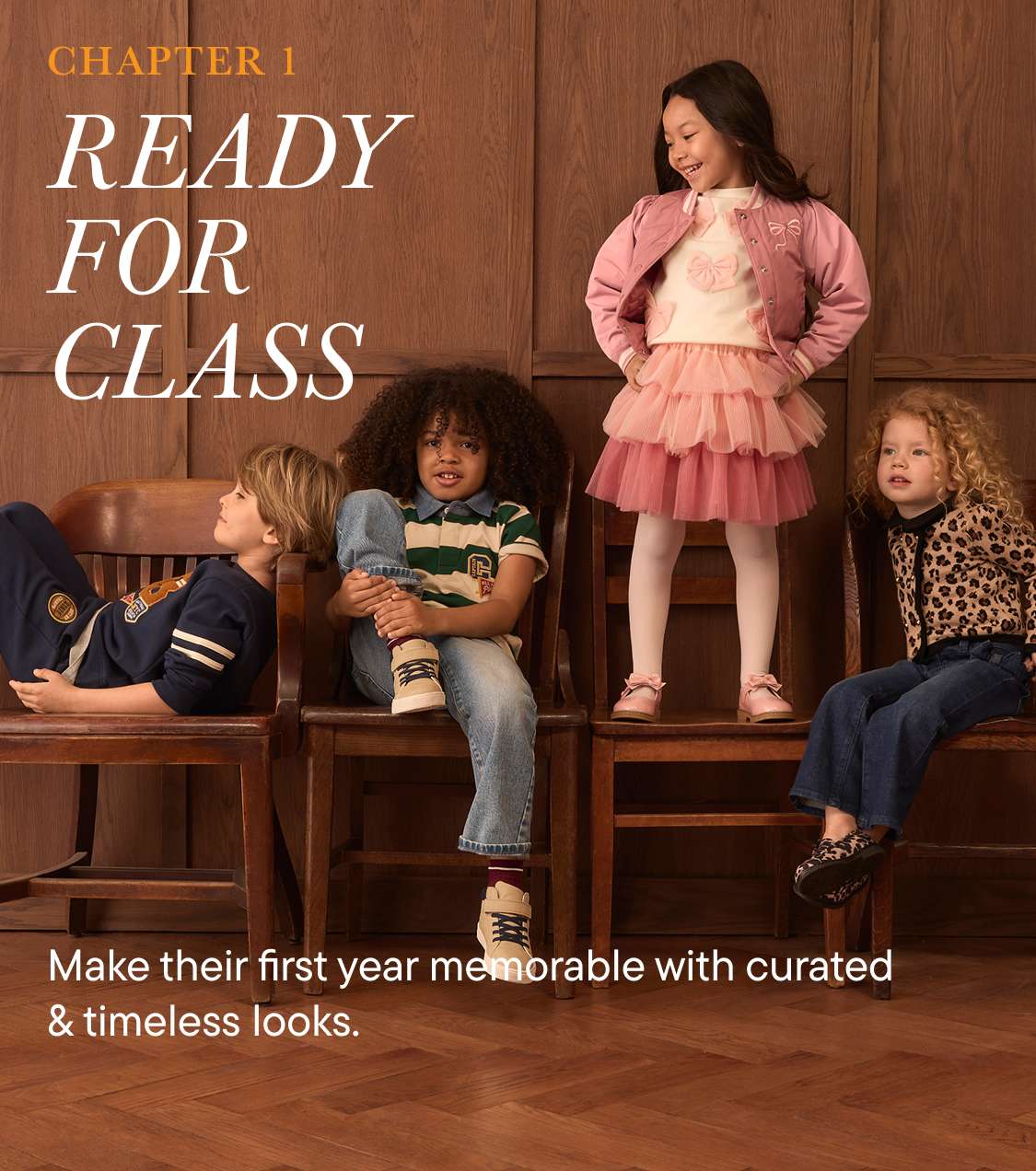 Four children sit on wooden chairs in front of a wood-paneled wall, with text overlaying the left side of the image.
