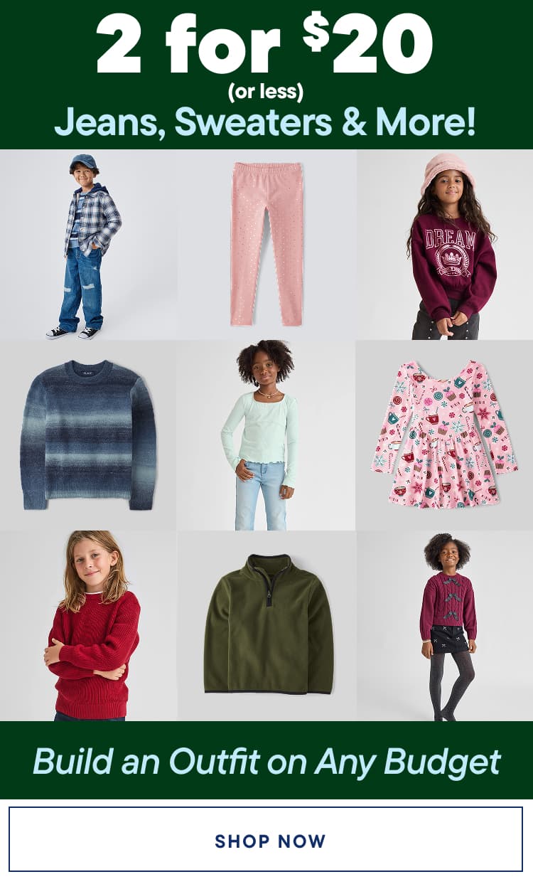 The image displays a collage of various clothing items, including jeans, tops, and other apparel, with a promotional message offering a deal on these items.