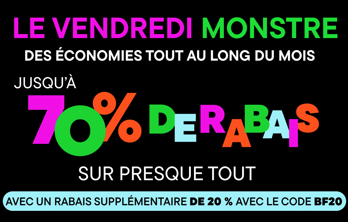 L'image présente une bannière promotionnelle « Monster Friday » aux couleurs vives et éclatantes, affichant un grand texte « jusqu'à 70 % de réduction » ainsi qu'un message « presque tout » et un code de réduction supplémentaire de 20 % « BF20 » affiché en bas.