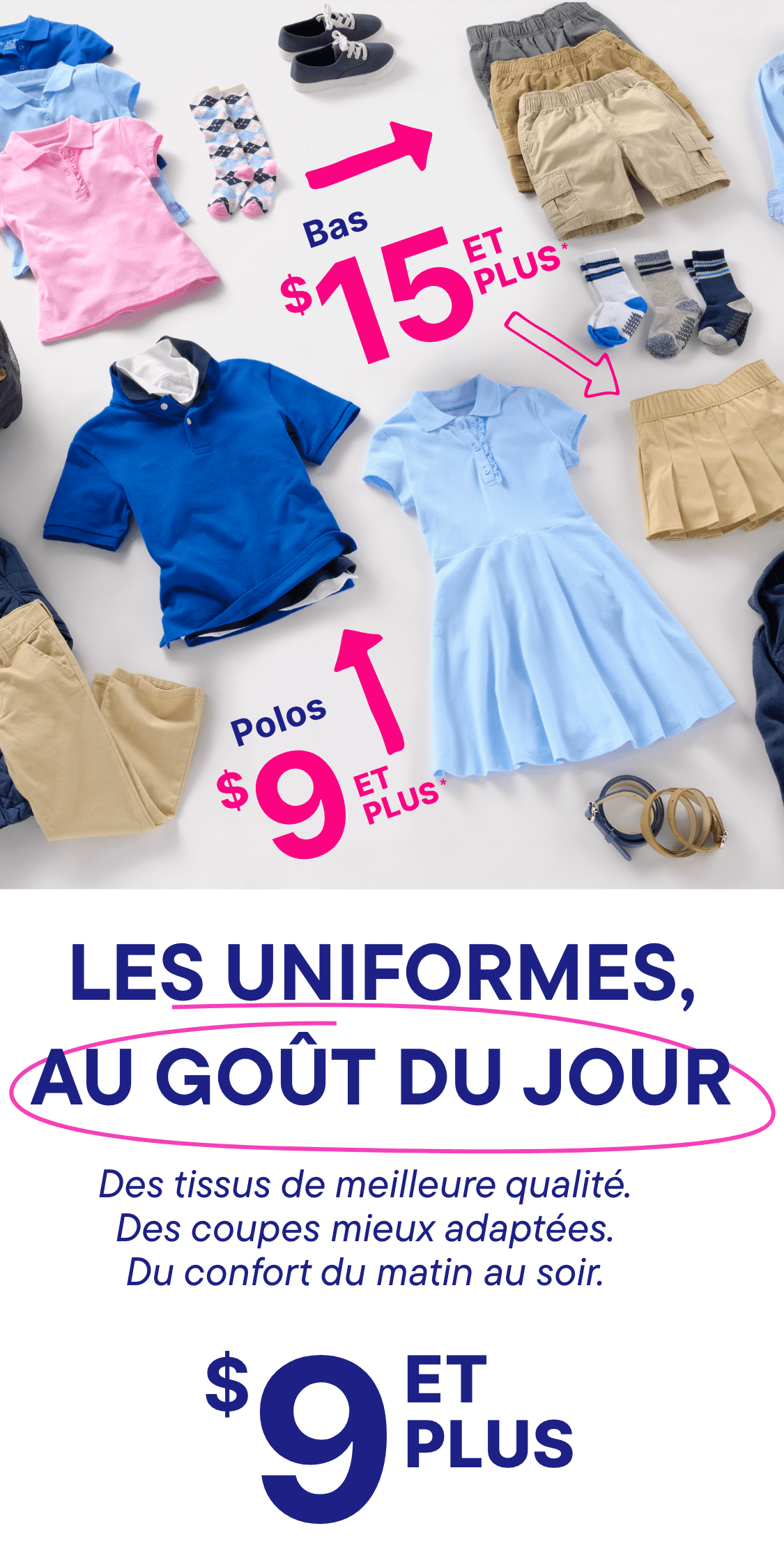 L'image présente une variété d'articles vestimentaires pour enfants, notamment des chemises, des pantalons, des robes et des accessoires, disposés sur un fond blanc avec des étiquettes de prix indiquant des prix réduits.