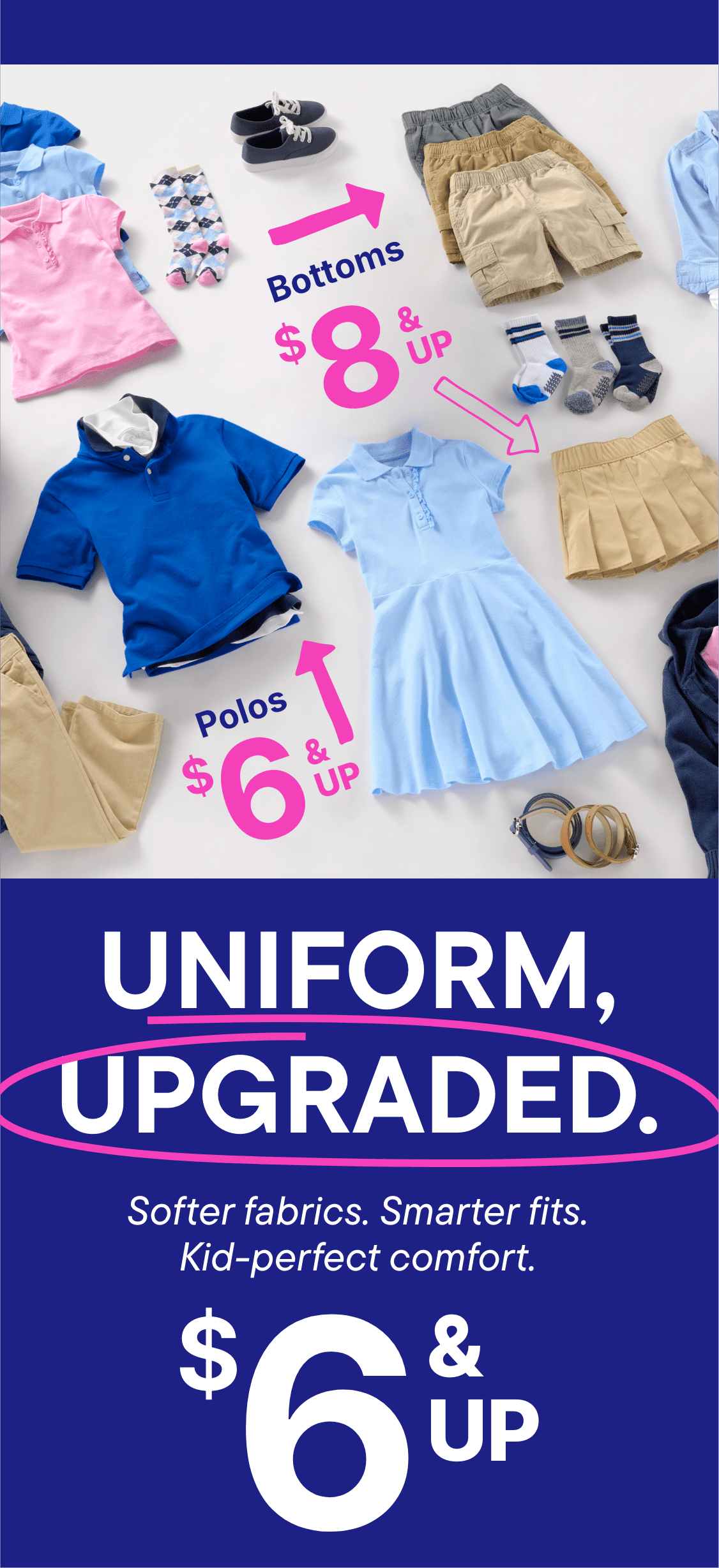 The image displays a variety of children's clothing items, including shirts, pants, dresses, and accessories, arranged on a white background with price tags and labels indicating the cost and quality of the items.