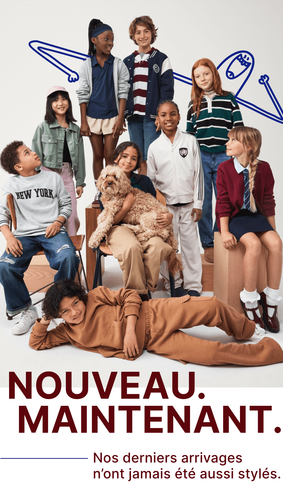 L'image présente un collage de divers modèles de mode et de vêtements, avec le texte « NOUVEAU. MAINTENANT. » bien en évidence, indiquant les dernières nouveautés mode.