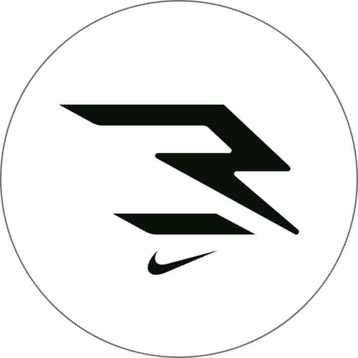 The image contains a black, stylized lightning bolt symbol against a white circular background, which appears to be the Nike logo.
