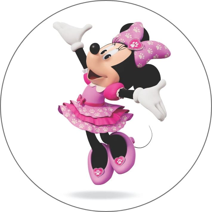 A cheerful and energetic Minnie Mouse character in a pink dress and bow, jumping and dancing against a plain white background.