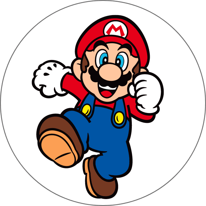 A cheerful, cartoon-style character wearing a red hat and overalls is jumping and gesturing enthusiastically against a plain white background.