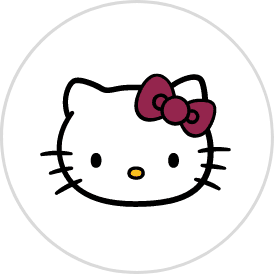 The image depicts a circular design featuring the iconic Hello Kitty character, with her recognizable black outline, pink bow, and yellow accents.