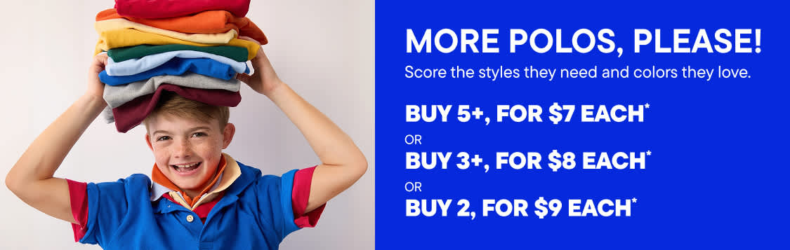 A smiling boy balances a stack of colorful shirts on his head, with a blue background featuring text and a stack of pink, red, and orange shirts.