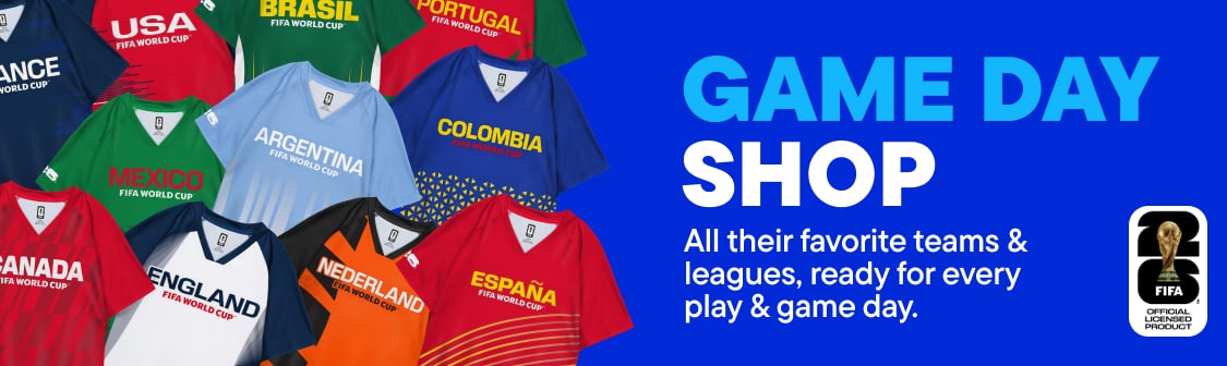 A collection of soccer jerseys from various countries fills the foreground, while the background features the text "GAME DAY SHOP" and a FIFA World Cup trophy graphic on a blue background.
