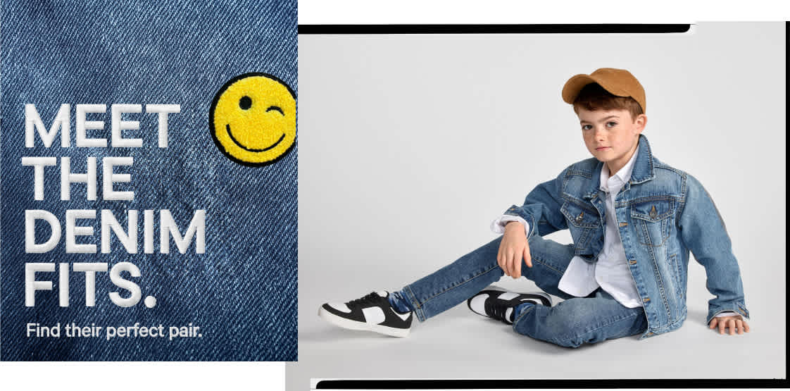 A young boy in a denim jacket and jeans sits on a white background, while the left side of the image features a close-up of denim with text and a smiley face.
