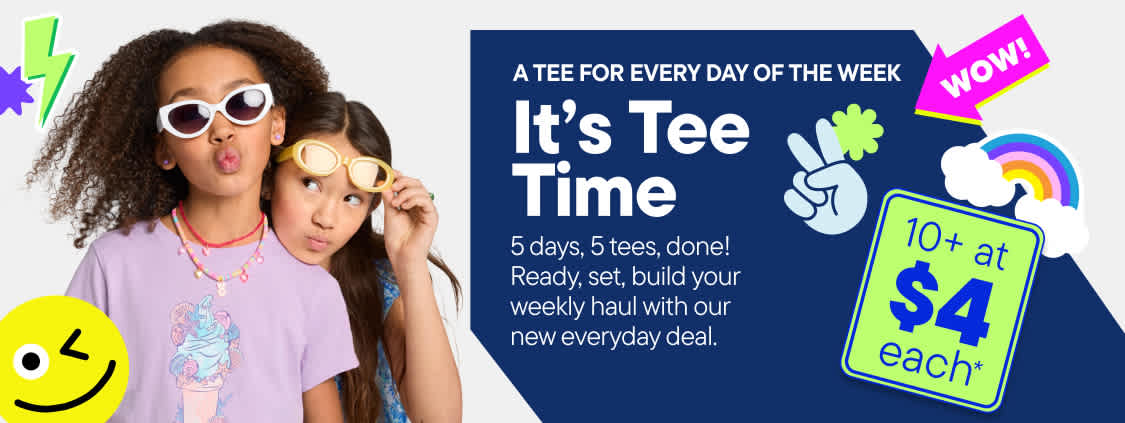 Two girls in stylish outfits pose with playful graphics and promotional text about a tee sale in the background.