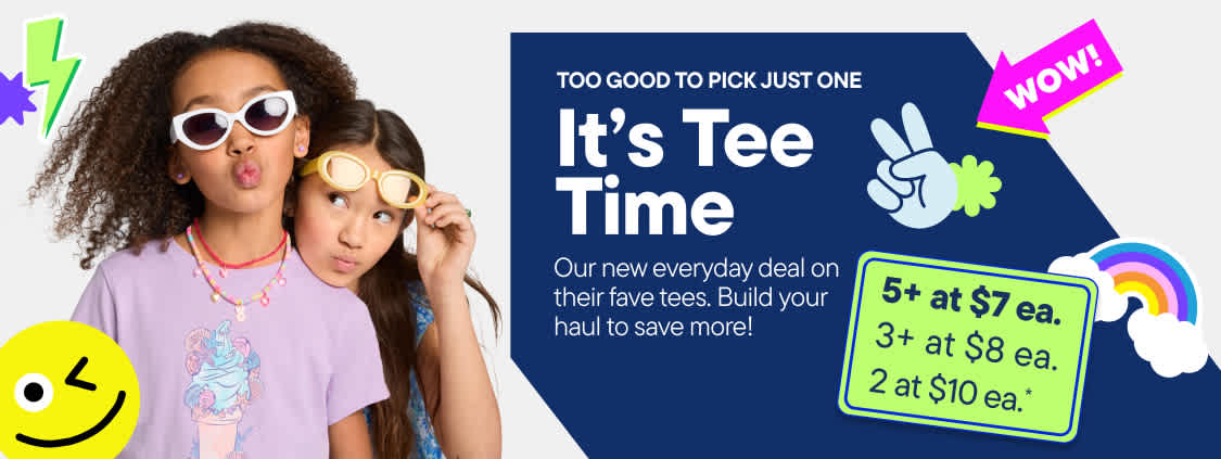 Two girls in sunglasses and t-shirts pose in front of a blue banner advertising "It's Tee Time" with colorful graphics and pricing details.