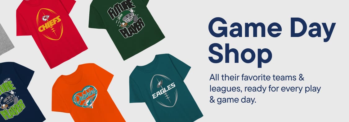 Various colorful NFL-themed t-shirts are arranged on the left against a plain light gray background featuring the text "Game Day Shop."