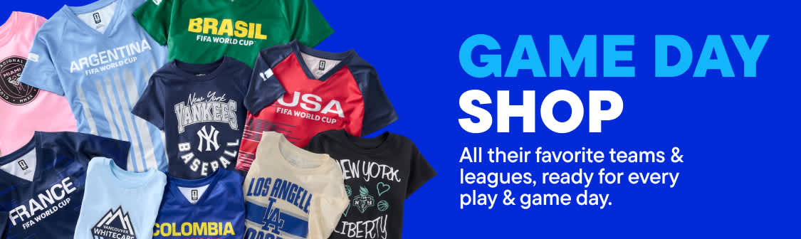 A colorful assortment of sports jerseys fills the foreground, while the background features the text "GAME DAY SHOP" in large blue letters.