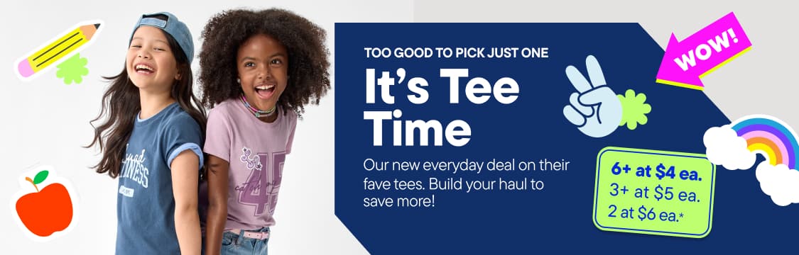 Two smiling children in t-shirts and a boy pulling a blue t-shirt over his head are featured in the foreground, with a blue banner advertising "It's Tee Time" in the background.