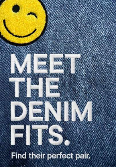 A winking smiley face patch rests on a textured denim background with white text reading "MEET THE DENIM FITS. Find their perfect pair."