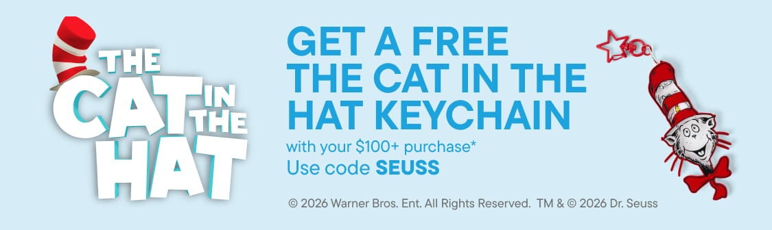 The foreground features the title "The Cat in the Hat" and a character from the movie, while the background is a light blue banner advertising a free keychain with a $100 purchase.