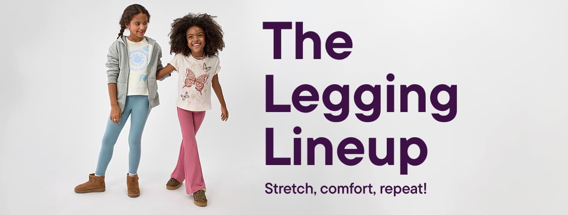 Two girls in leggings stand next to text that reads "The Legging Lineup" on the left, while a row of colorful leggings is displayed on the right.