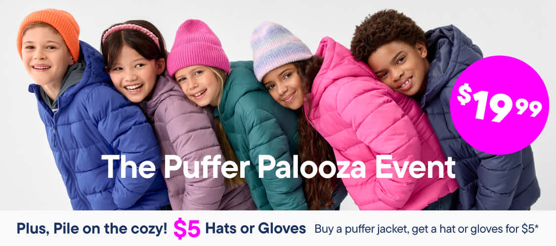 Six children wearing colorful puffer jackets and hats stand together against a plain white background with promotional text and a bright pink price circle.