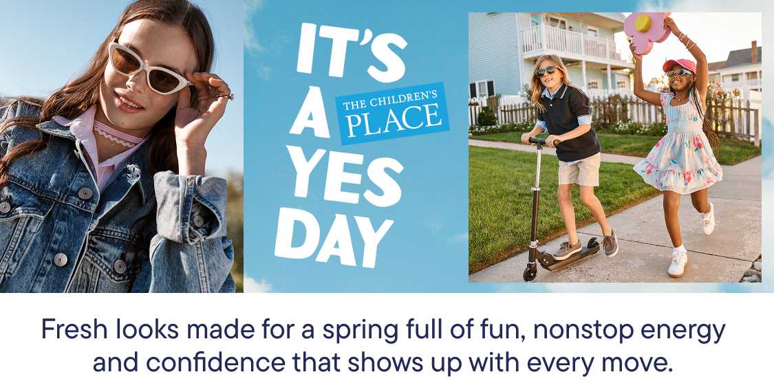 The image shows a group of children, a boy and a girl, sitting on a bench outdoors with a sign that says "It's a yes day" in the foreground, and a background of buildings and a blue sky.