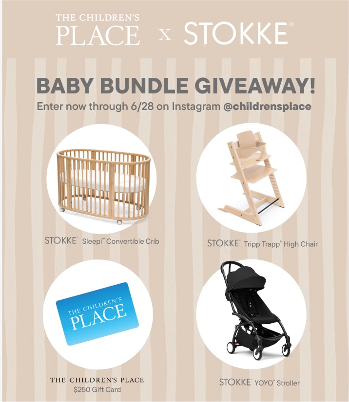 A baby bundle giveaway is advertised with a crib, high chair, stroller, and gift card in the foreground, set against a light brown background with vertical stripes.