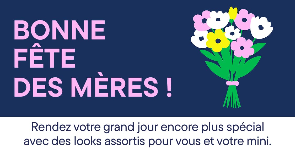 L'image affiche le texte « MA MÈRE » en grandes lettres roses sur un fond bleu foncé, avec le texte « encore plus spécial avec des looks assortis pour » écrit en dessous en caractères plus petits.