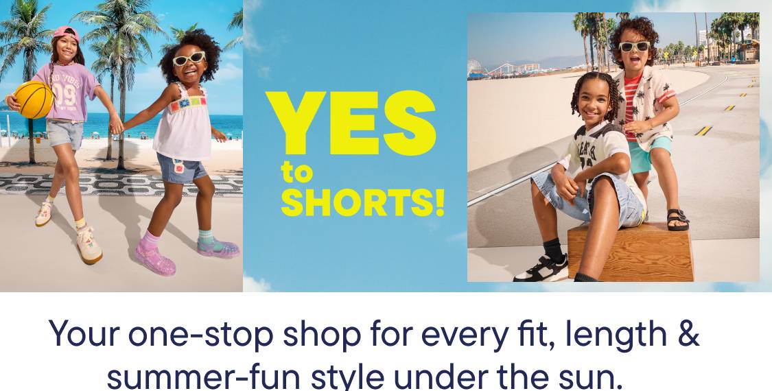 The image shows a person wearing a white dress and sunglasses standing on a beach with palm trees in the background, and the text "SUN'S OUT. SHORTS ON." prominently displayed.