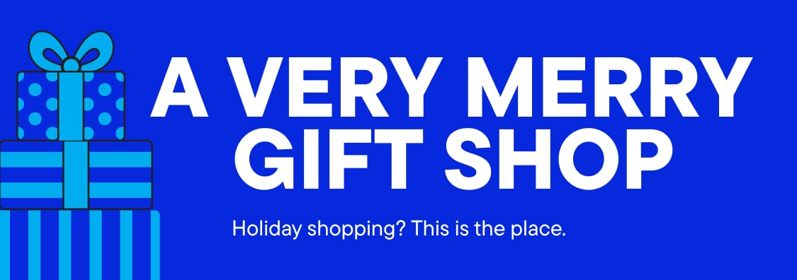 Blue gift boxes with bows flank white text on a solid blue background.