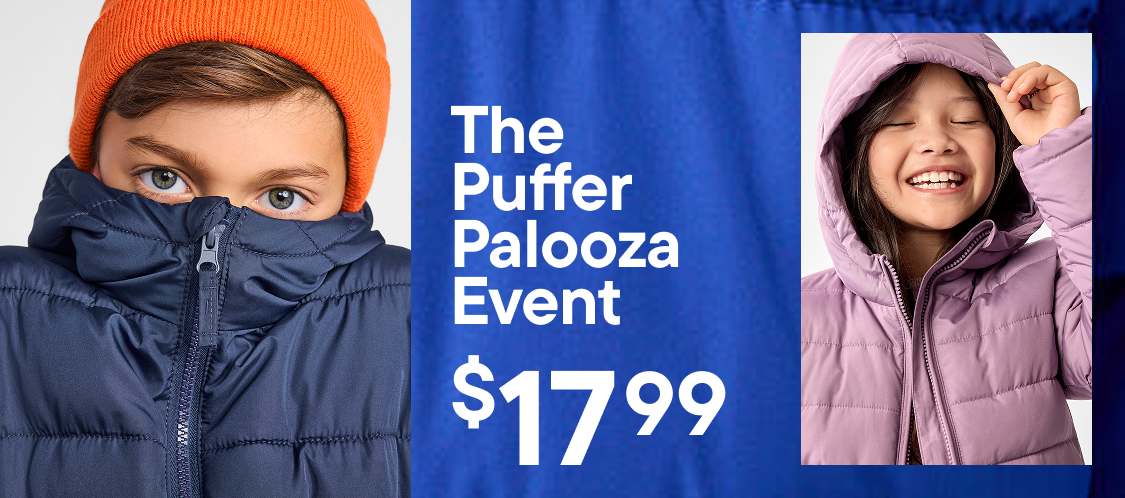 Seis niños con coloridas chaquetas acolchadas y gorros posan juntos sobre un fondo blanco liso con texto promocional y un círculo de precio de color rosa brillante.