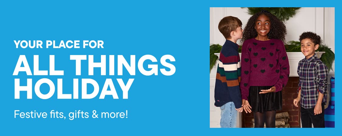 A family stands by a fireplace on the left, while a blue cartoon character holds gifts against a bright blue background with bold white text.