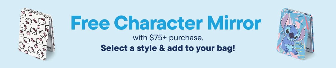 La imagen muestra el texto "Espejo con compra de $75 o más" sobre un fondo azul claro.