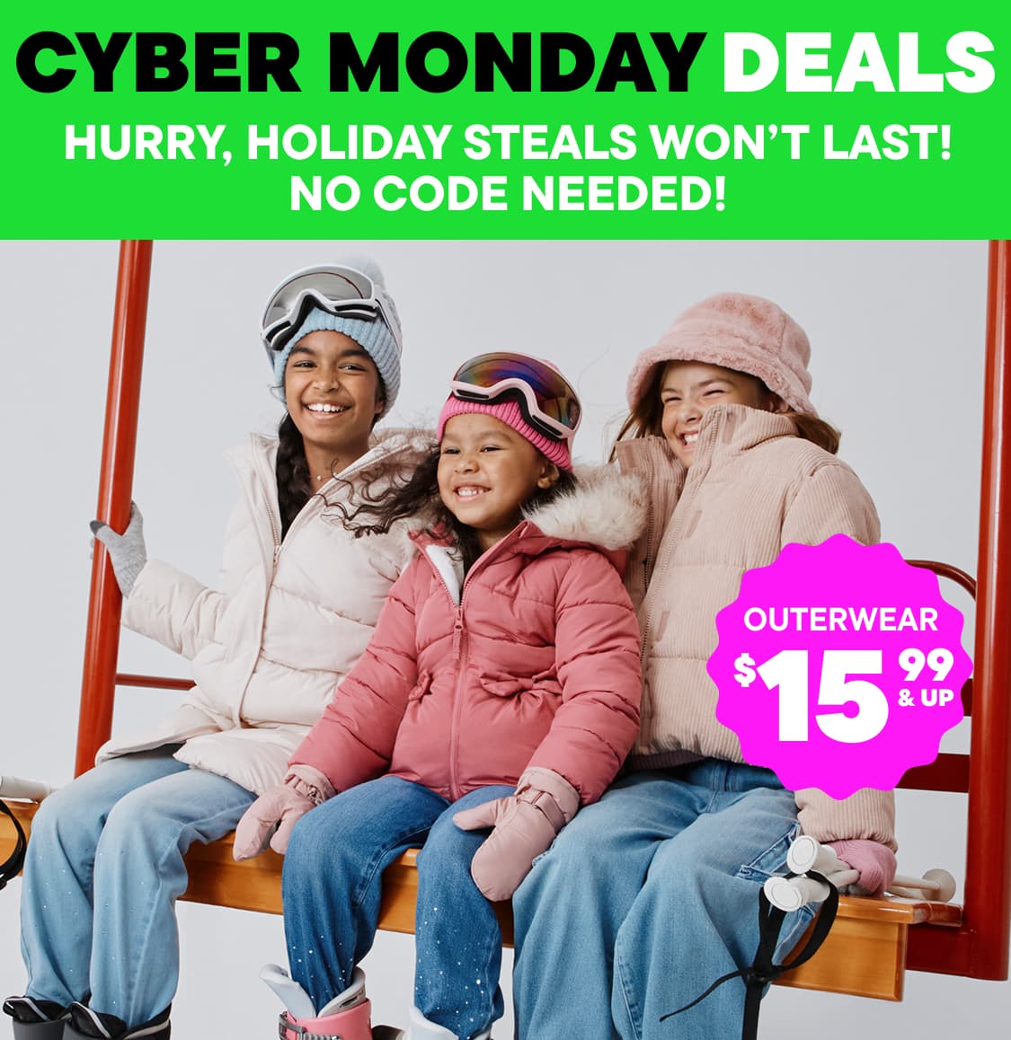 The image features the text "MONDAY" in large black letters against a bright green background, with the text "SORRY, HOLIDAY STEALS WON'T LAST! CODE NEEDED!" written below in smaller pink text.