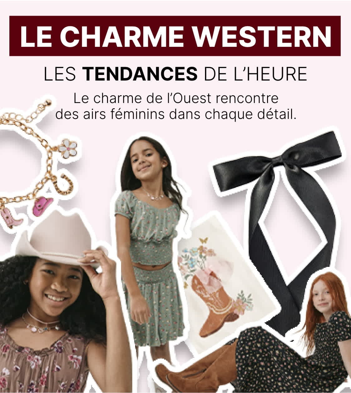L'image présente une femme souriante portant un chapeau de cow-boy et une robe fleurie, entourée de divers accessoires d'inspiration country et d'une bannière « Country Gurl » en arrière-plan.