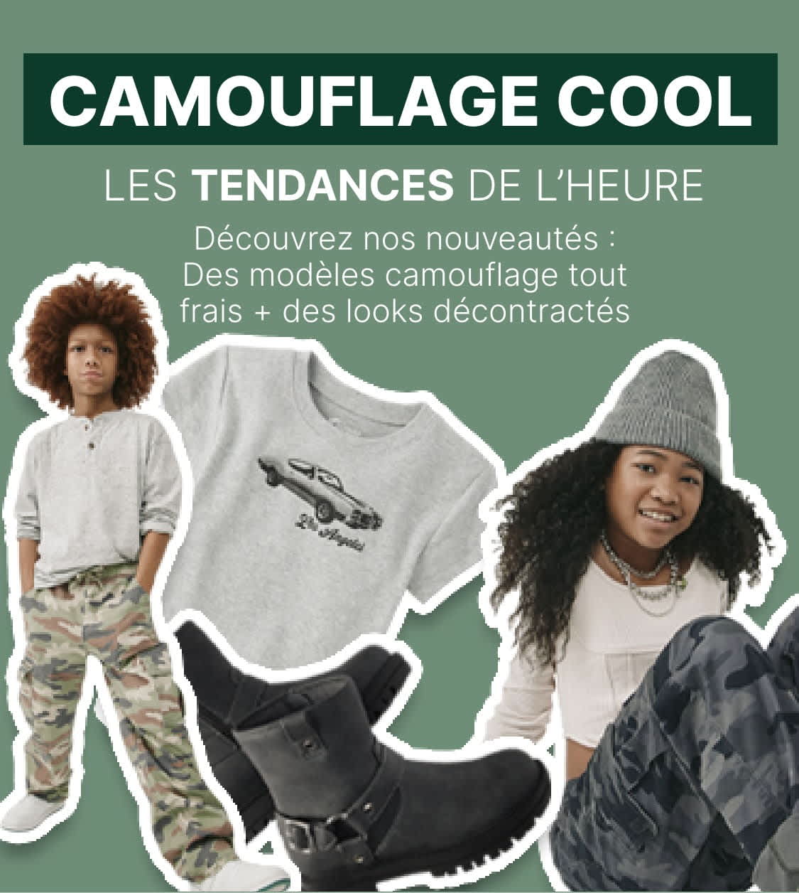 L'image présente un collage de divers articles de mode sur le thème du camouflage, notamment des sweats à capuche, des pantalons et des accessoires, ainsi que le texte « CAMO COOL : The Trend Report » soulignant la popularité actuelle des motifs de camouflage et des styles décontractés.