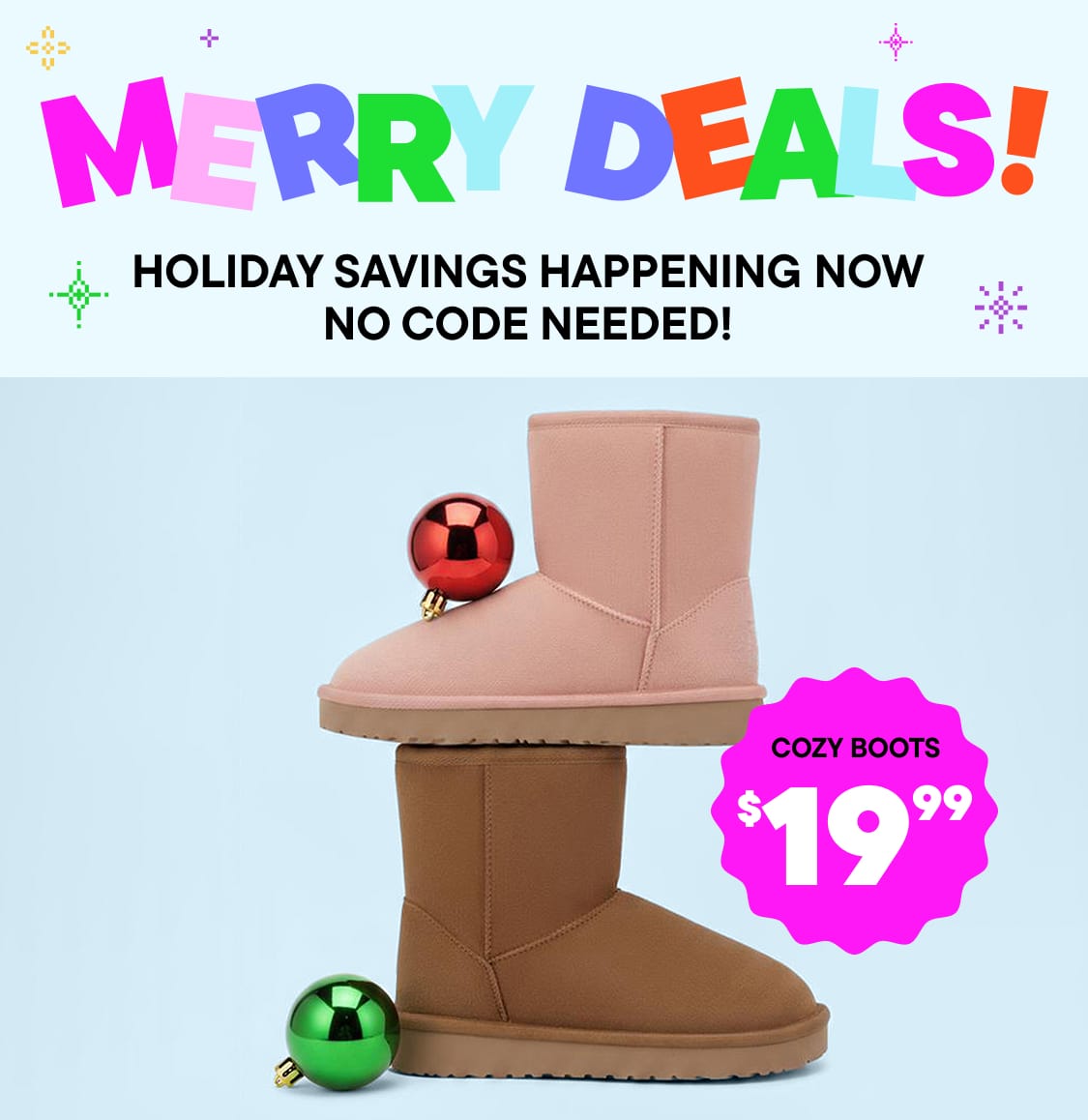 Colorful text spelling out "DEALS!" against a light blue background, with various geometric shapes and patterns surrounding it, indicating a promotional or sales-related message without the need for a code.