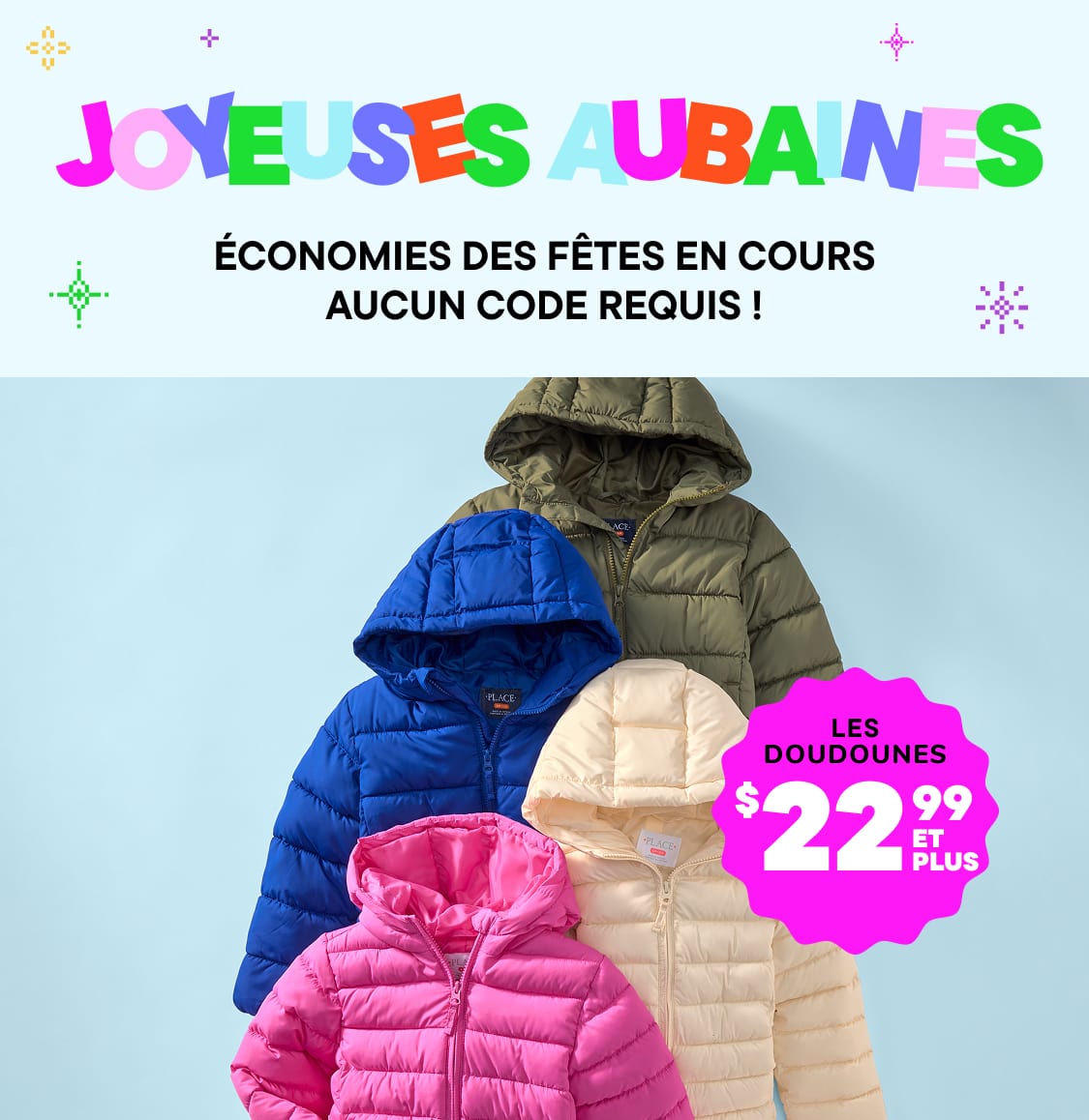 Un texte coloré affichant « OFFRES ! » sur un fond bleu clair, entouré de diverses formes et symboles géométriques, indique une promotion ou une vente sans avoir besoin d'un code.