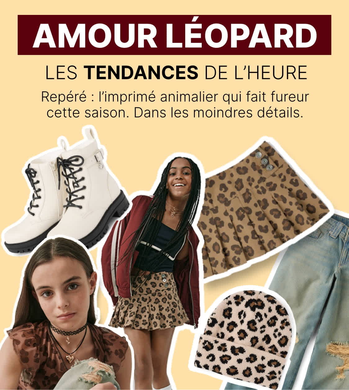 L'image présente divers articles et accessoires de mode à imprimé léopard, dont une jupe, des bottes et une veste. Le fond uni met en valeur les tendances mode.