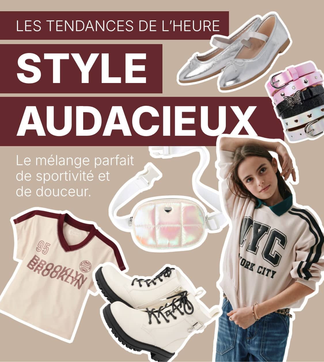 L'image présente un collage de divers articles de mode et de style de vie, notamment des vêtements, des accessoires et des chaussures, avec le texte « KICK IT CUTE » bien en évidence, suggérant un rapport de tendance ou un thème de mode.