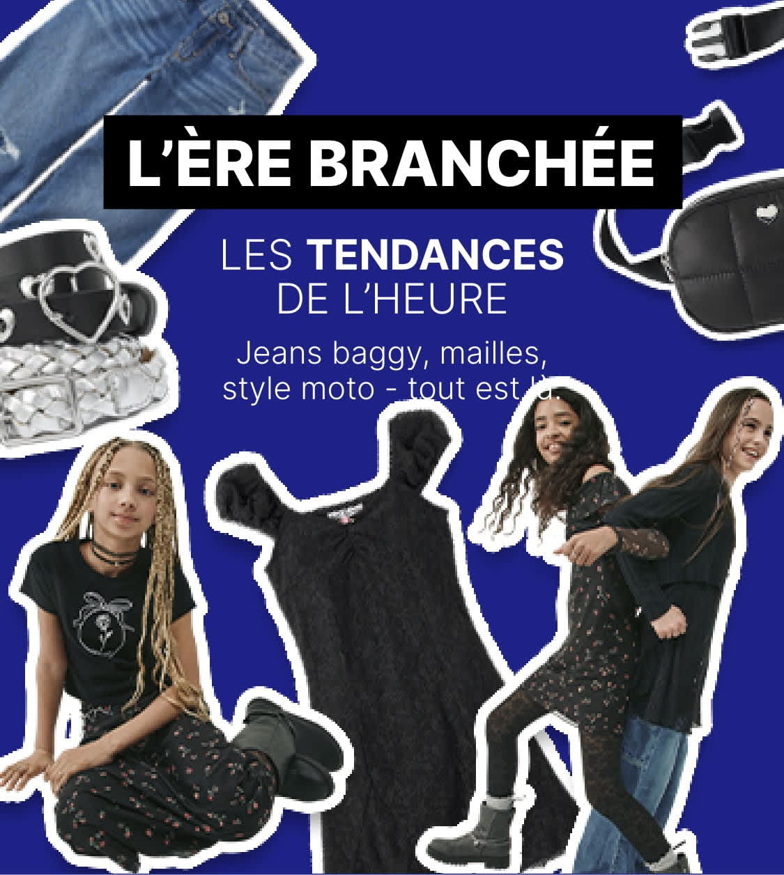L'image présente divers articles de mode, dont des bottes moto en maille fleurie, un jean ample et affirmé, ainsi qu'un texte superposé : « EDGY ERA: THE TREND REPORT ». Le fond bleu uni offre un contraste audacieux et dynamique avec les éléments de mode.