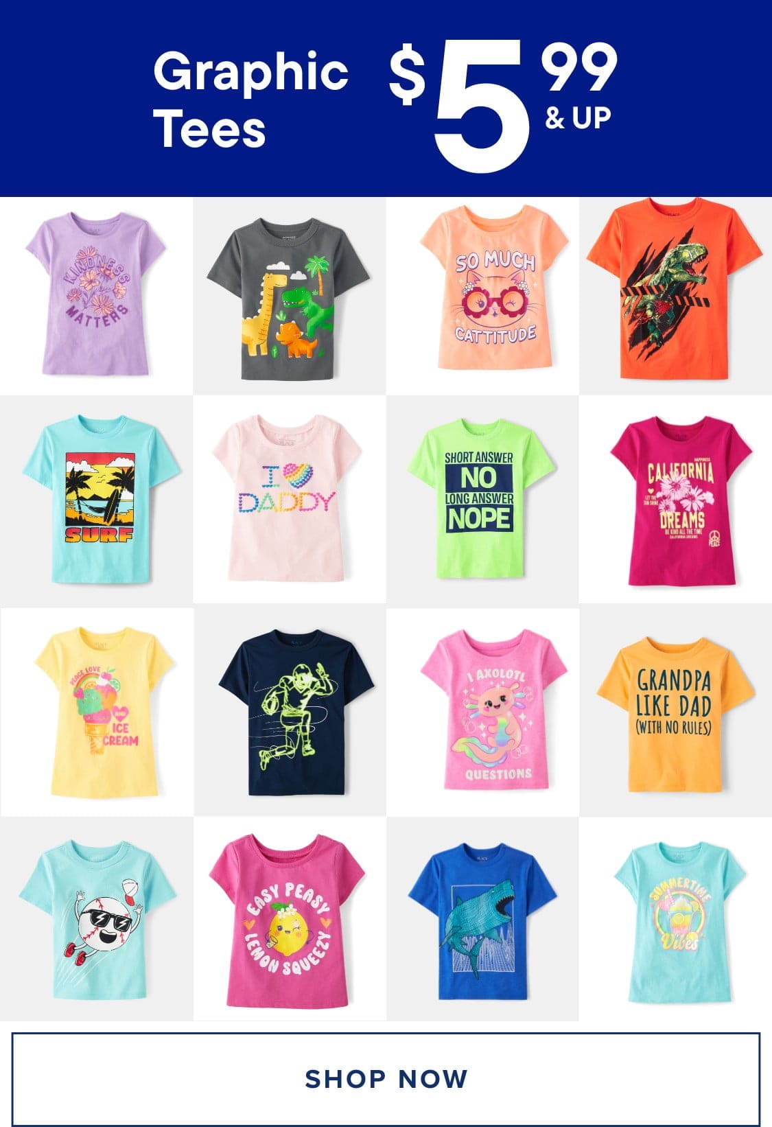 The image displays a collection of colorful and vibrant graphic t-shirt designs, featuring various patterns, slogans, and cartoon characters.