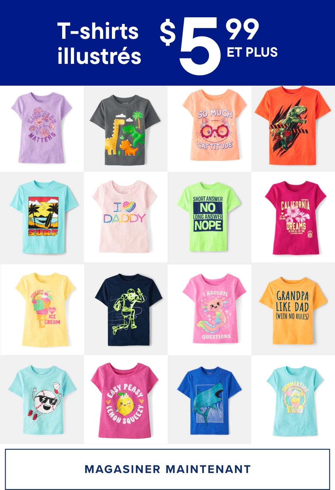 The image displays a collection of colorful and vibrant graphic t-shirt designs, featuring various patterns, slogans, and cartoon characters.