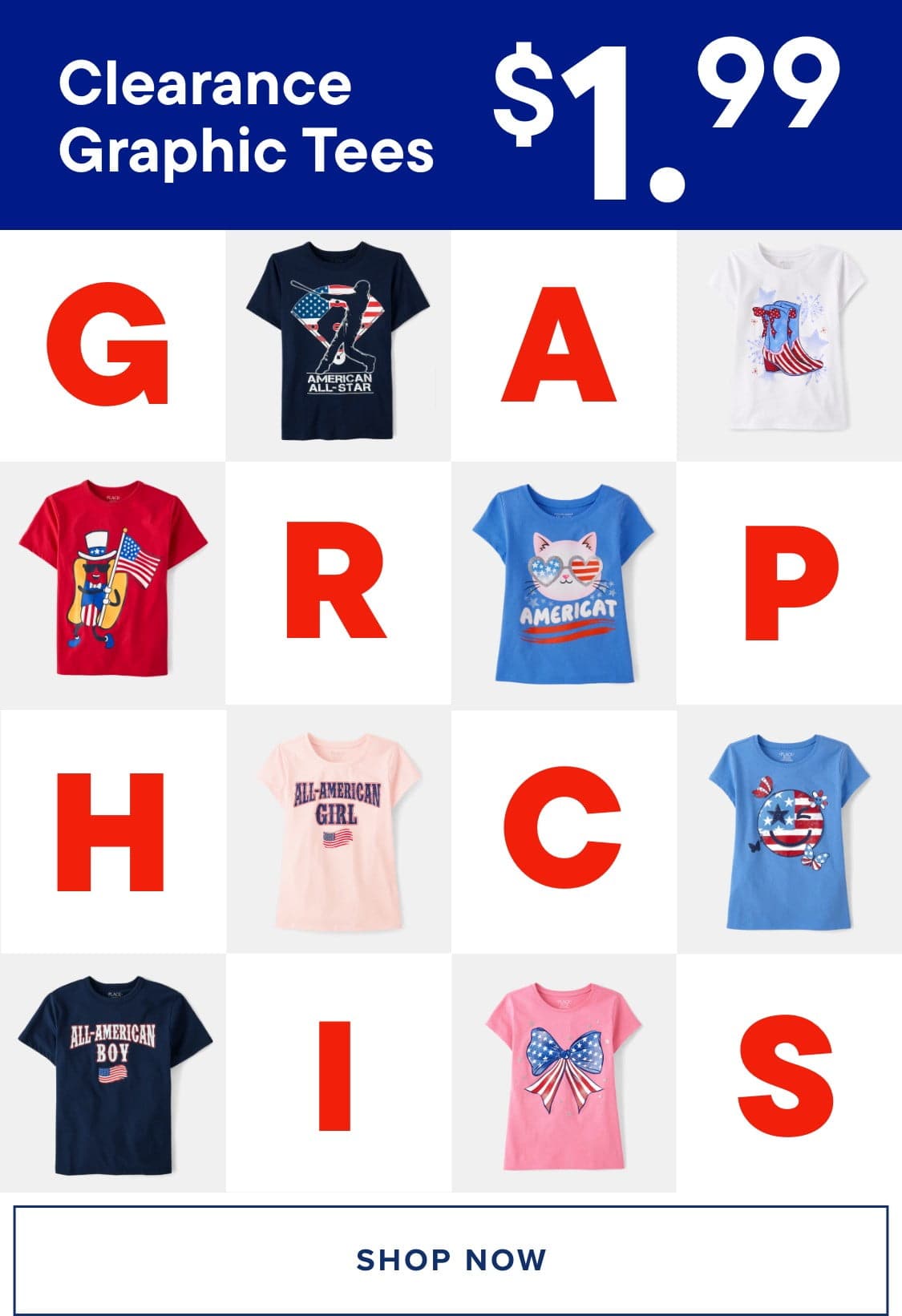 The image displays various t-shirts with patriotic American designs, including an American flag, a bald eagle, and text such as "American Attitude" and "All-American Boy".