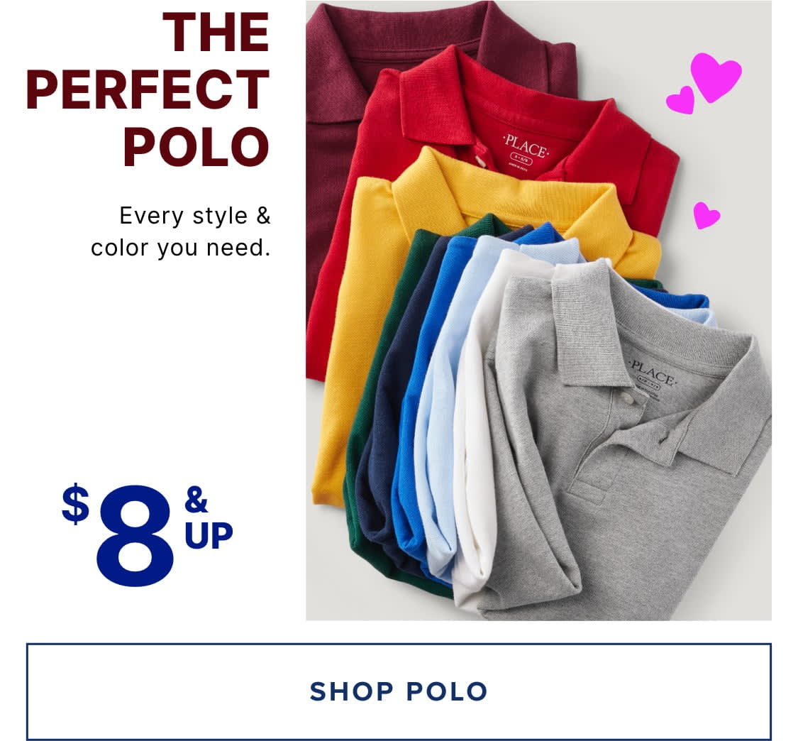 A stack of colorful polo shirts in various shades, accompanied by a promotional message highlighting the availability of "The Perfect Polo" in every style and color for $8 and up.
