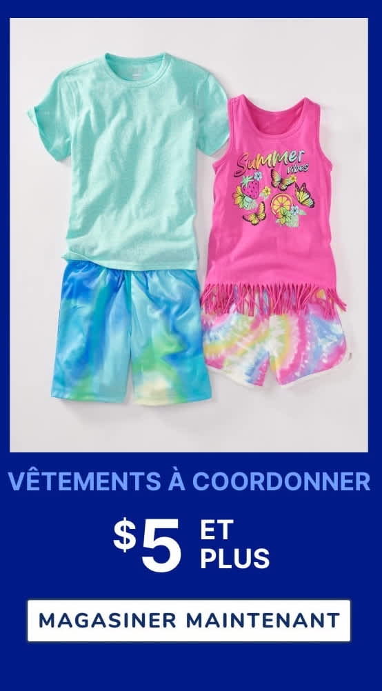 L'image montre deux tenues d'été colorées pour enfants, dont un t-shirt vert menthe et un débardeur rose tie-dye, ainsi qu'un short assorti dans des tons vibrants de bleu et de rose. L'arrière-plan est une surface blanche unie et le texte « MIX & MATCH 6 
