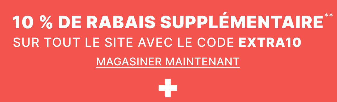 L'image affiche un fond rouge vif avec un grand texte blanc annonçant une promotion « 10 % DE RÉDUCTION », ainsi que des instructions pour « ACHETER AVEC LE CODE B » et un bouton d'appel à l'action « ACHETER MAINTENANT ».