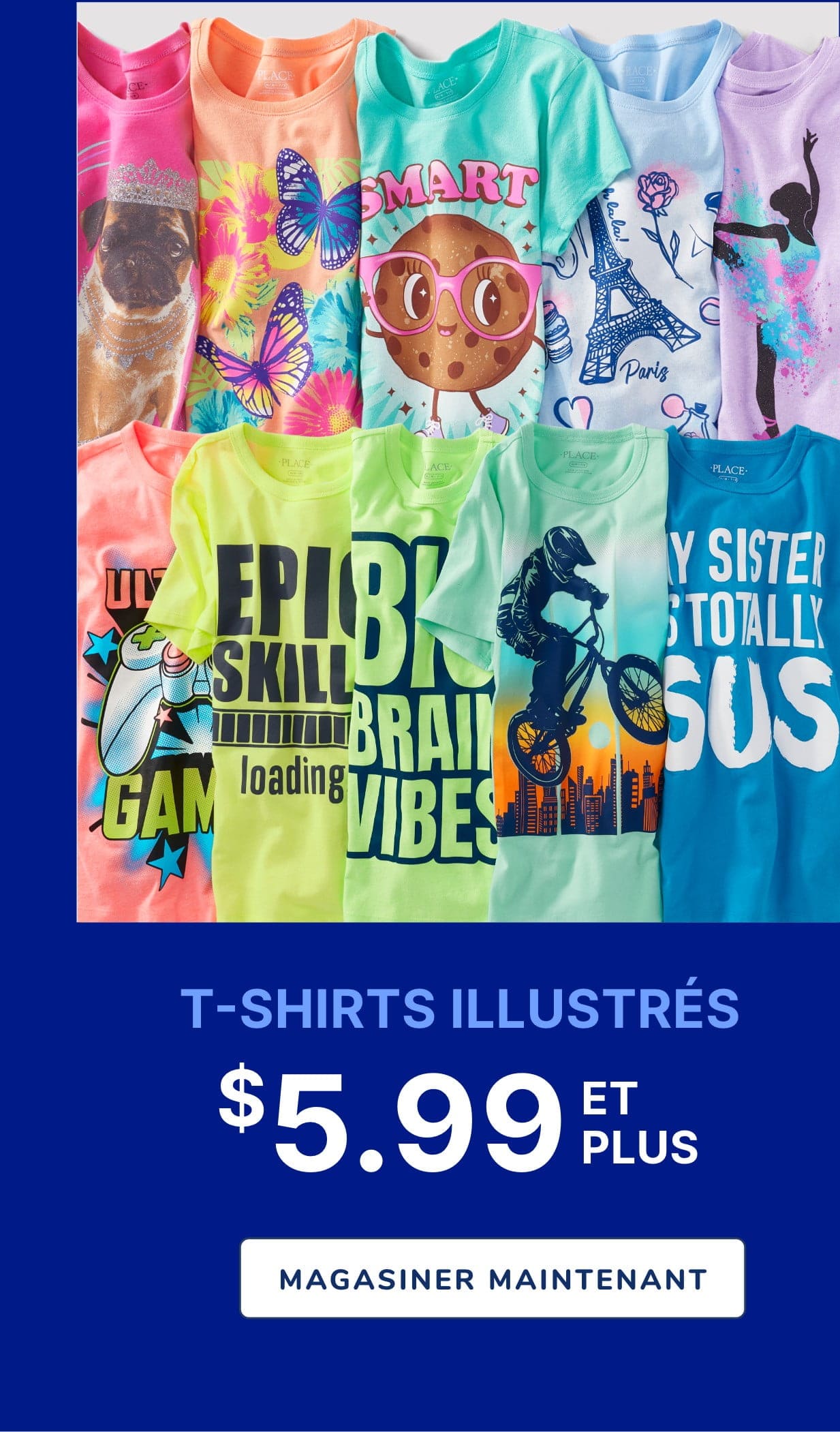 Un étalage dynamique de t-shirts graphiques colorés présentant divers motifs et designs, avec un prix de 5,99 $ et plus