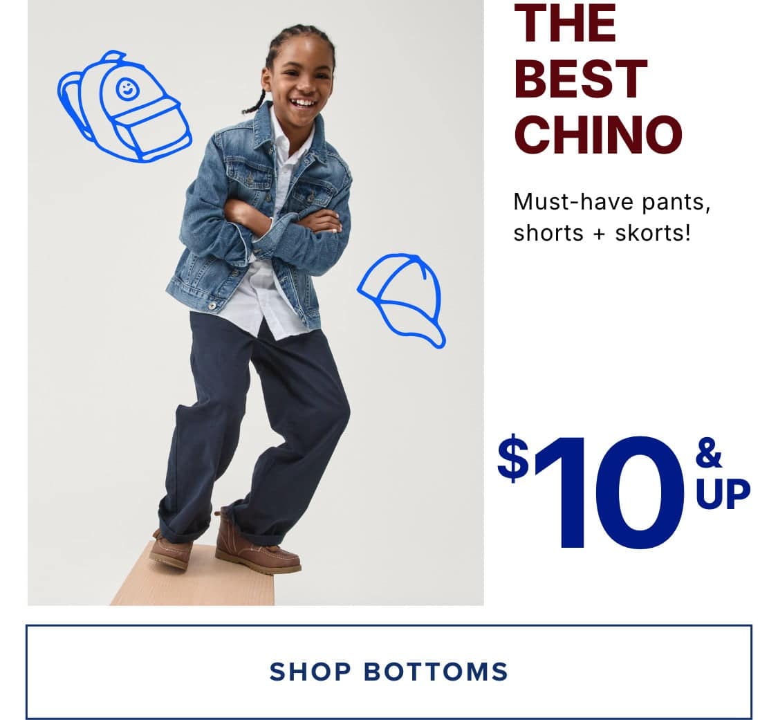 The image shows a smiling woman wearing a denim jacket, standing in front of a white background with blue backpack icons and text promoting "The Best Chino" pants, shorts, and skorts for $10 and up.