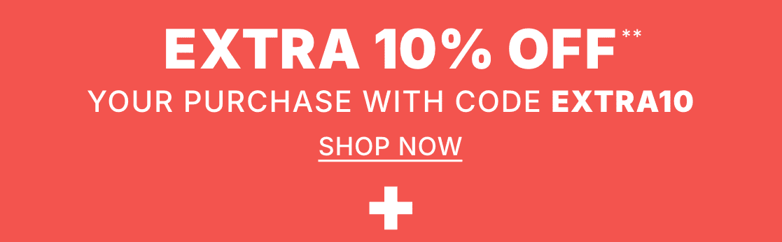 The image displays a bright red background with large white text announcing an "XTRA 10% OFF" promotion