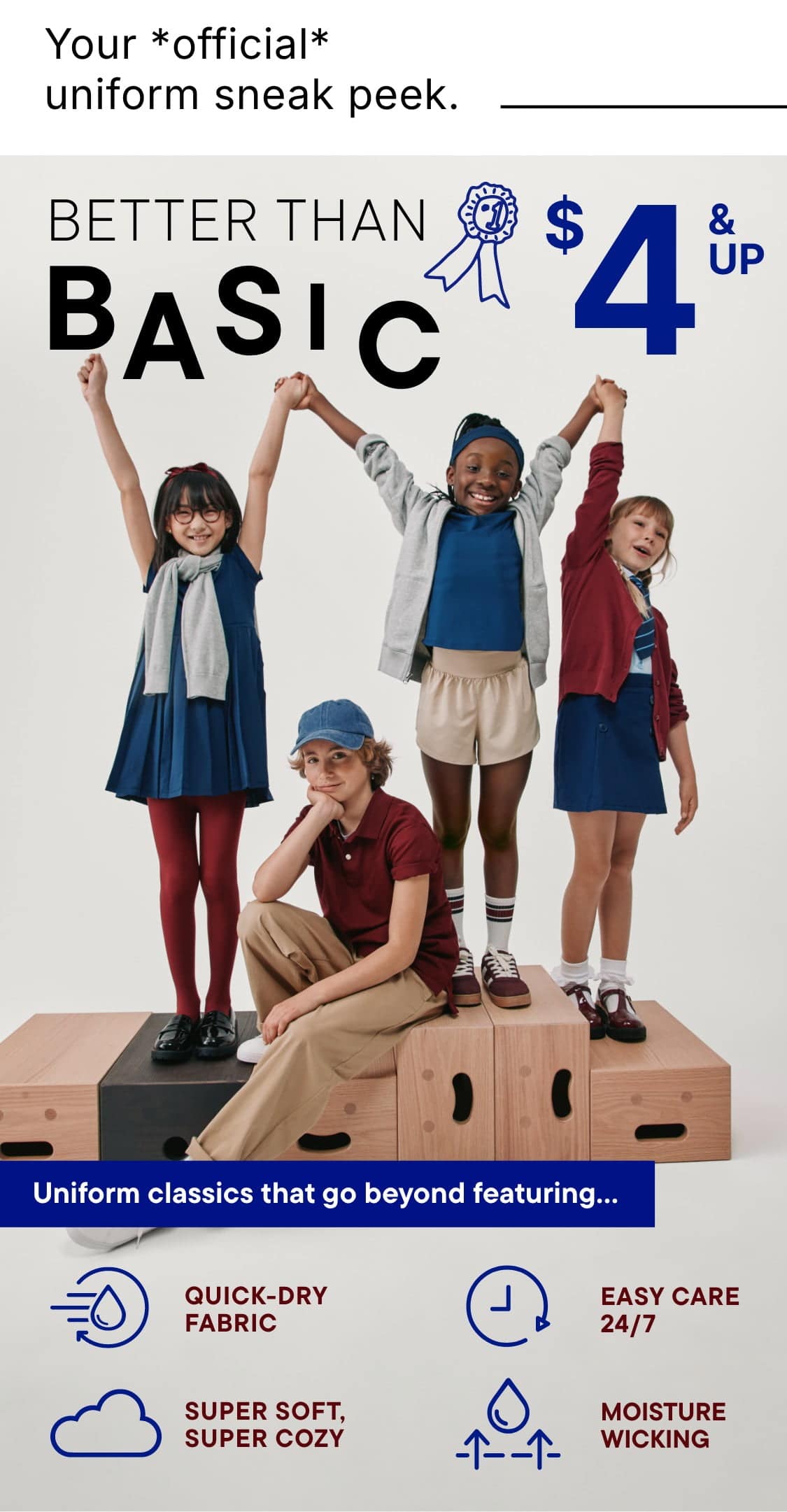 The image features a group of diverse female figures dressed in various uniform-style outfits, with a text overlay promoting "Better than Basic" uniforms at a price of $4 and up.