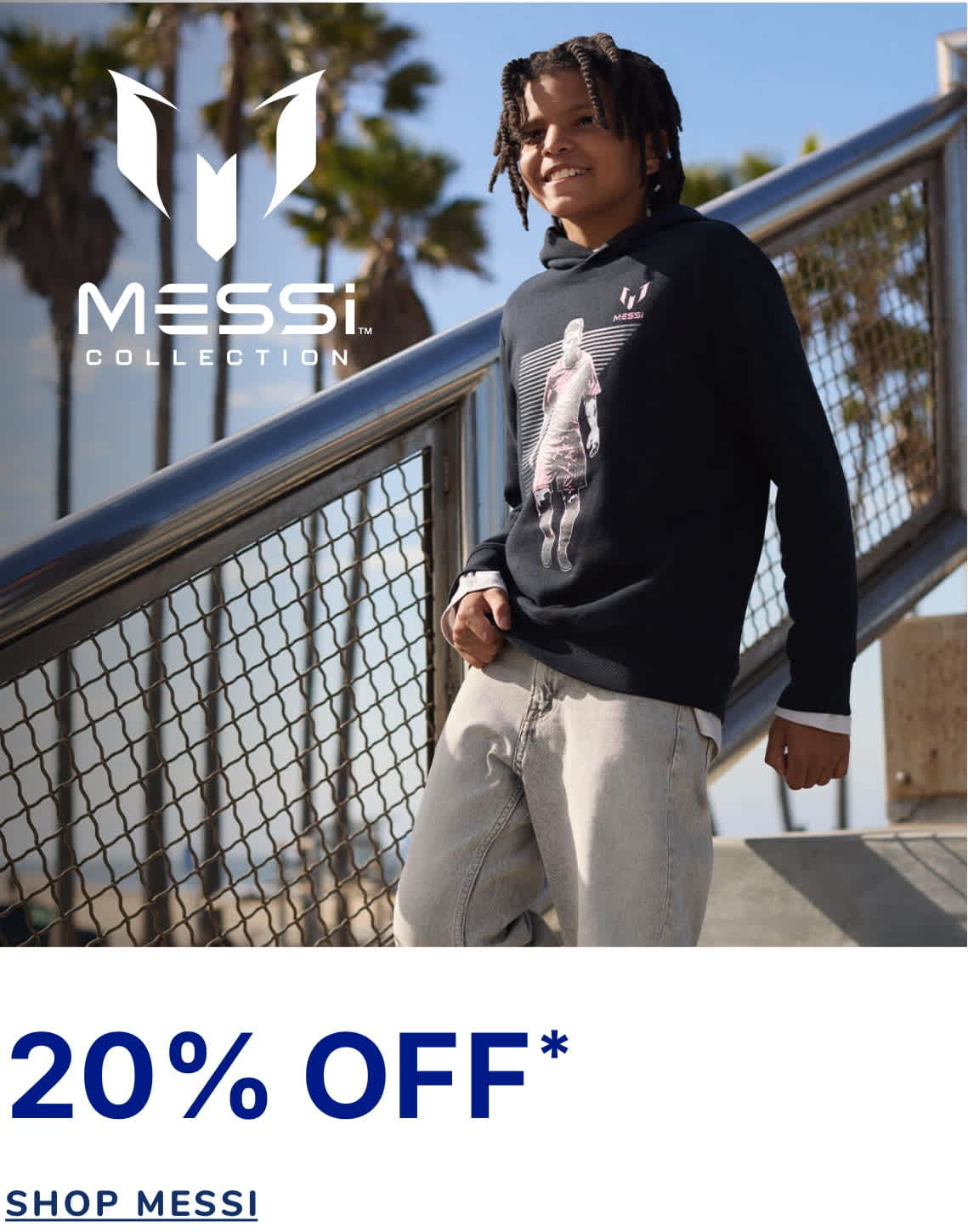 The image shows a person wearing a black sweatshirt with the Messi logo, standing on a balcony or deck with a railing in the background, surrounded by trees or foliage.
